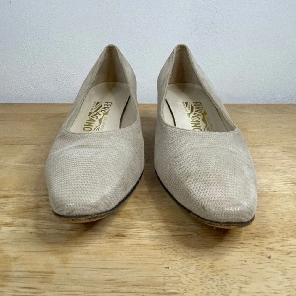 Salvatore Ferragamo Beige Textured Leather Pumps